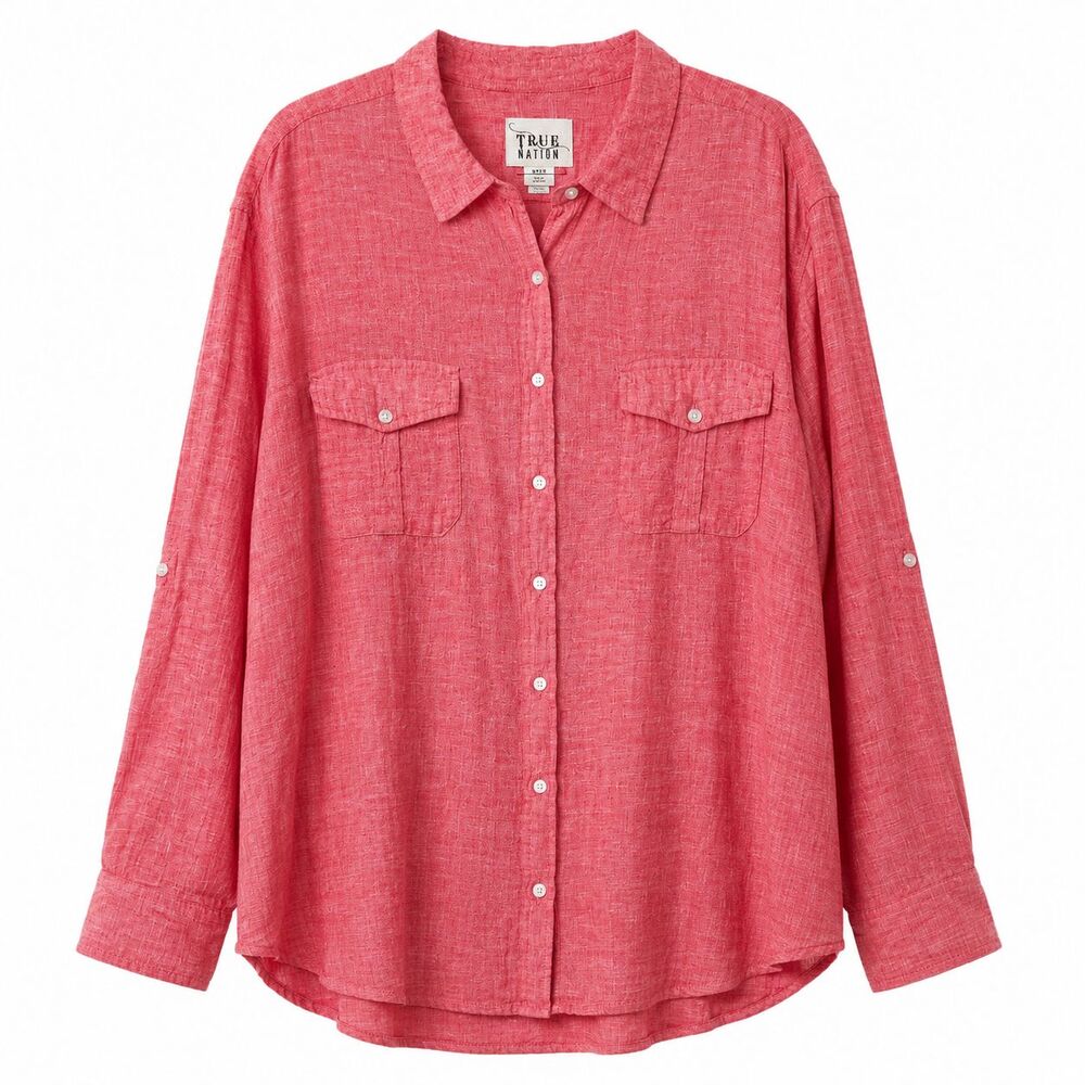 True Nation Shirt Mens 3XLT Salmon Linen Rayon Long Sleeve Button Front Big Tall
